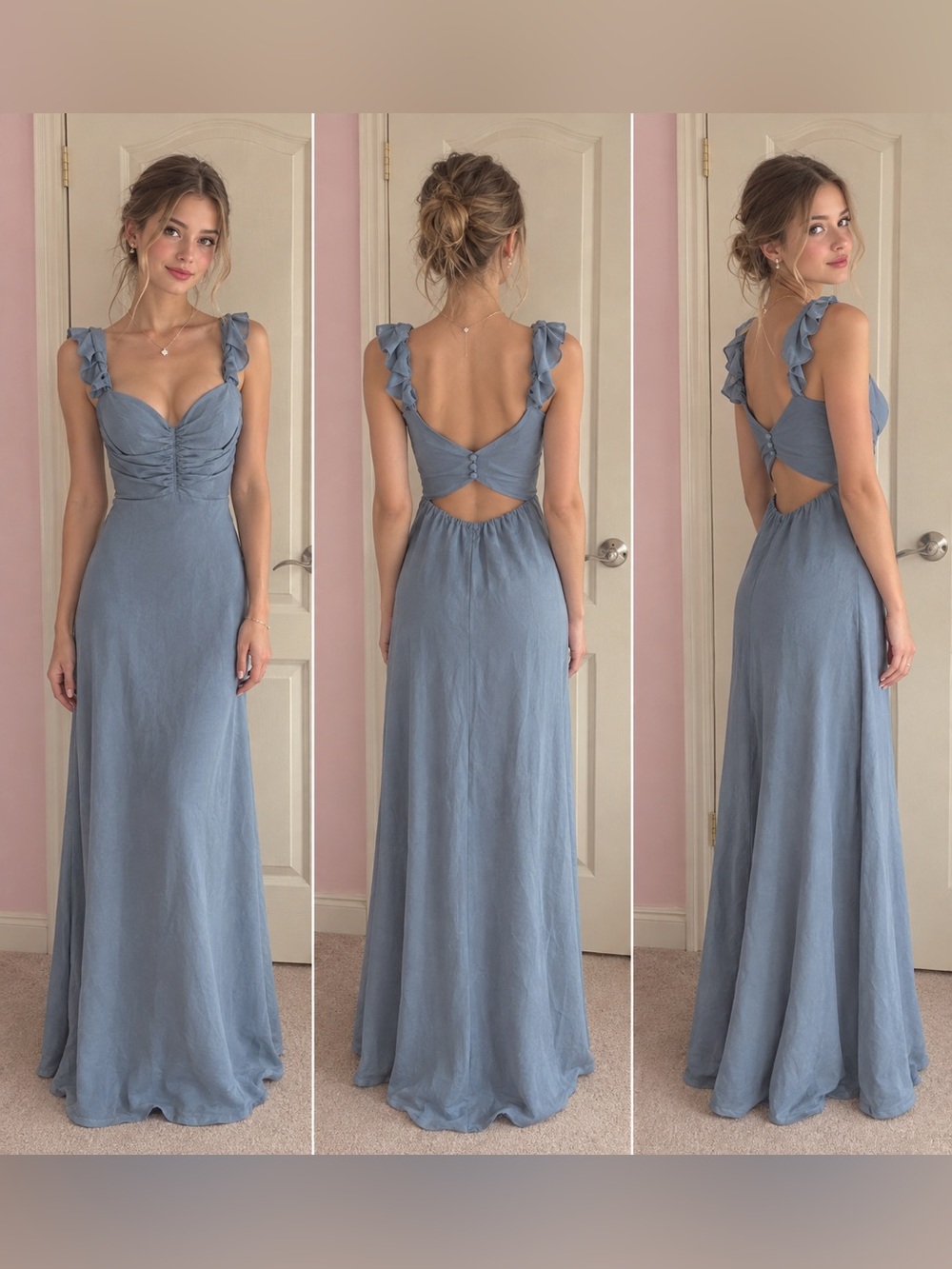 Dusty Blue Maxi Dress with Ruched Bodice and Twisted Shoulder Straps